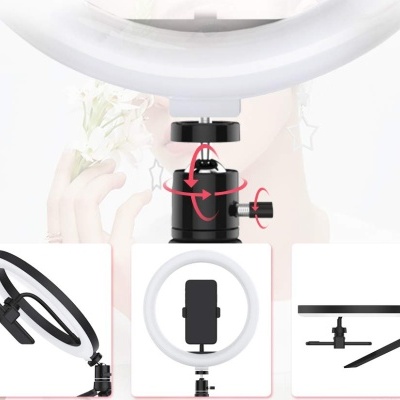 Ring light branco com suporte preto ajustável e suporte para telefone