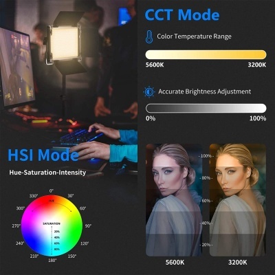 Visualização de configurações de iluminação com roda de cores HSI e comparação de temperatura de cor CCT a 5600K e 3200K