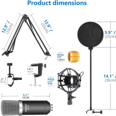 Conjunto de microfone com braço articulado, suporte de mesa, filtro pop, suporte anti-vibração e microfone preto com grelha metálica, com dimensões indicadas.