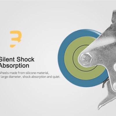 Roda de silicone azul e verde com suporte metálico e texto sobre absorção de choque