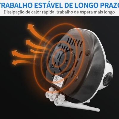 Dispositivo tecnológico preto com setas laranjas ilustrando dissipação de calor e textos promocionais em fundo preto