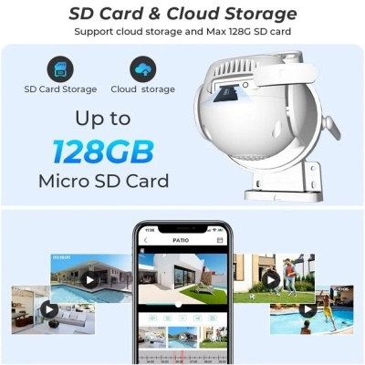 Câmera de segurança branca com texto sobre armazenamento SD Card e Cloud Storage e interface de vídeo no telemóvel