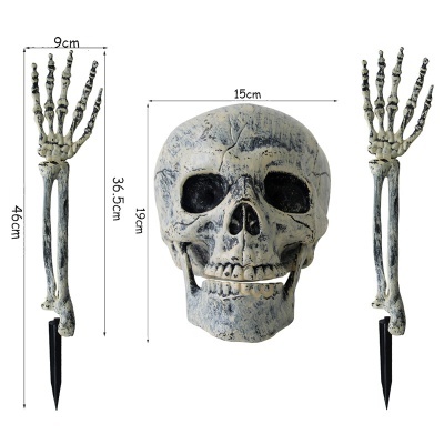 Conjunto de decoração esqueleto com crânio e mãos esqueléticas medidas