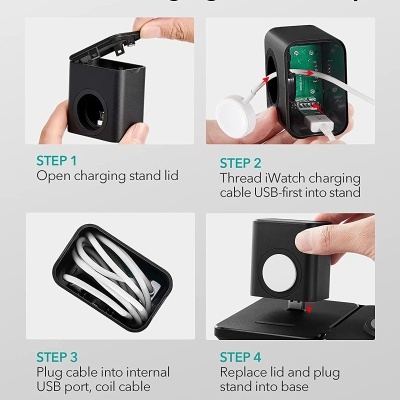 Instruções ilustradas para montar suporte de carregamento para relógio, mostrando caixa preta, cabo USB branco e base de carregador.