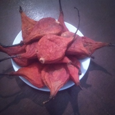 Frutos secos vermelhos com caules num prato branco