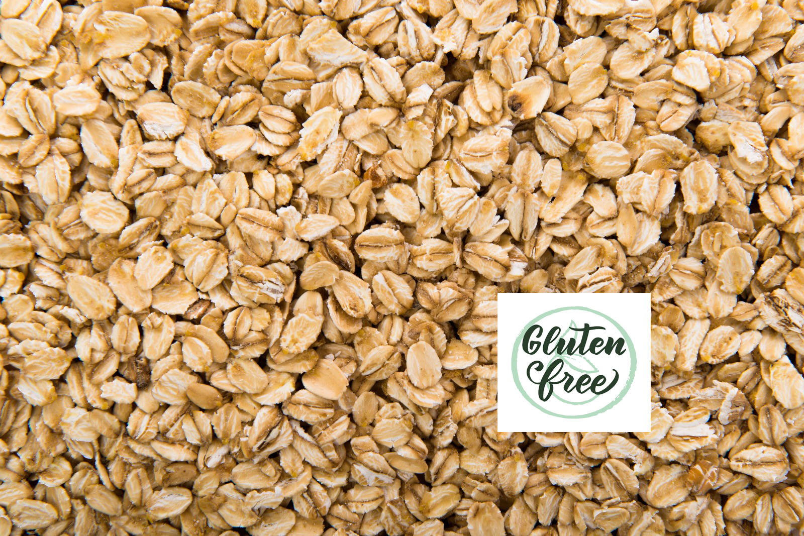 Flocos de aveia sem glutén Flocos de aveia bege com etiqueta 'Gluten free'