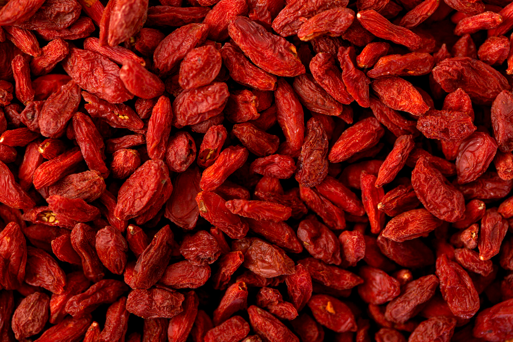 Goji Bagas de goji vermelhas secas com textura rugosa