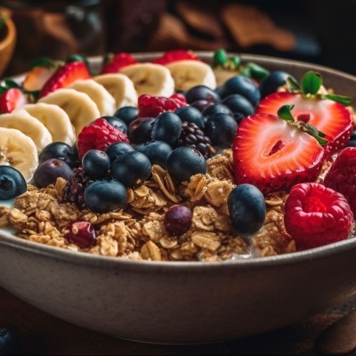 Tigela de granola com frutas frescas sobre fundo de madeira
