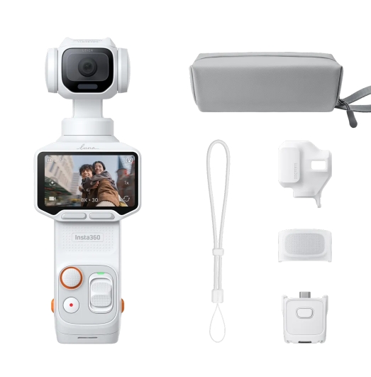 Insta360 Luna Pro Branco Câmara estabilizadora portátil Insta360 branca com acessórios e estojo cinzento.