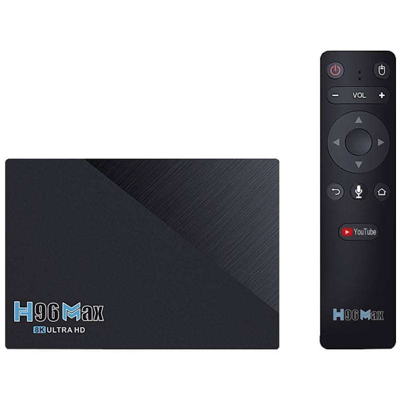 H96 Max RK3566 8GB/64GB Android 11 - Android TV Conjunto de caixa de streaming preta e comando com botões e texto YouTube