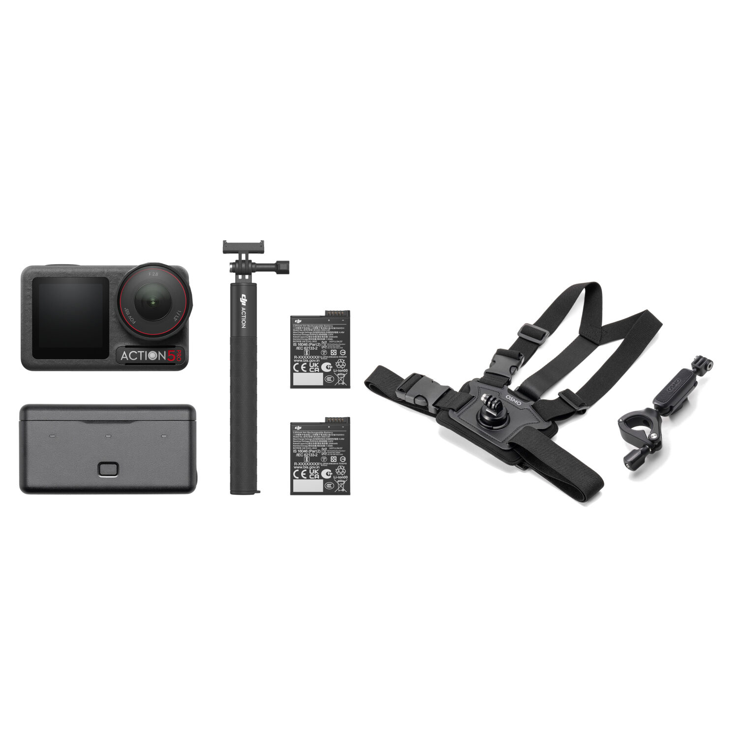 DJI Osmo Action 5 Pro Adventure Combo Cycling Kit Kit de câmara de ação com acessórios sobre fundo branco
