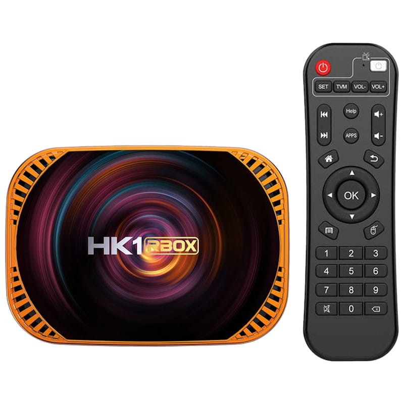Caixa de streaming HK1 Box laranja com controlo remoto preto
