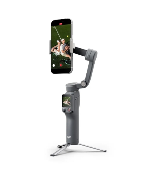 Osmo Mobile 8P Standard Combo Gimbal DJI cinzento com tripé e telemóvel preto em suporte
