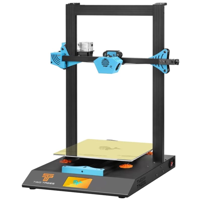 Impressora 3D Two Trees preta e azul com superfície de impressão amarela