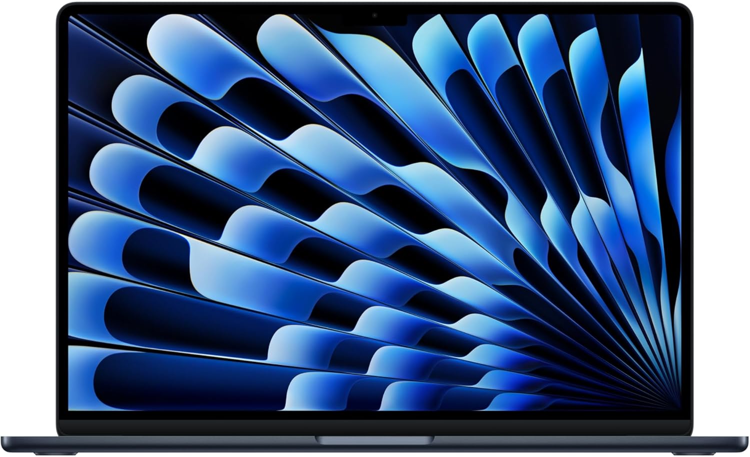 Apple MacBook Air 15" M5 (10-Core CPU, 10-Core GPU) 16GB 512GB SSD Midnight Portátil azul escuro aberto com ecrã a mostrar padrão abstracto azul e preto