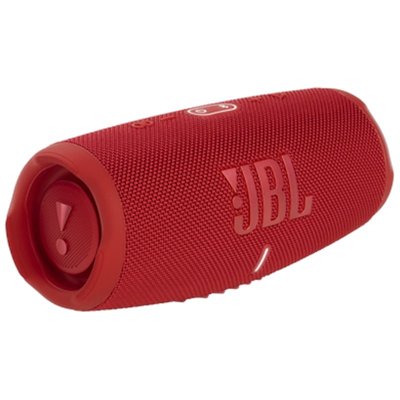 Coluna portátil JBL vermelha com textura em malha e botões no topo