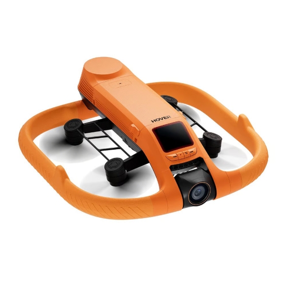 HoverAir Aqua Basic Combo drone laranja com ecrã preto e câmara frontal