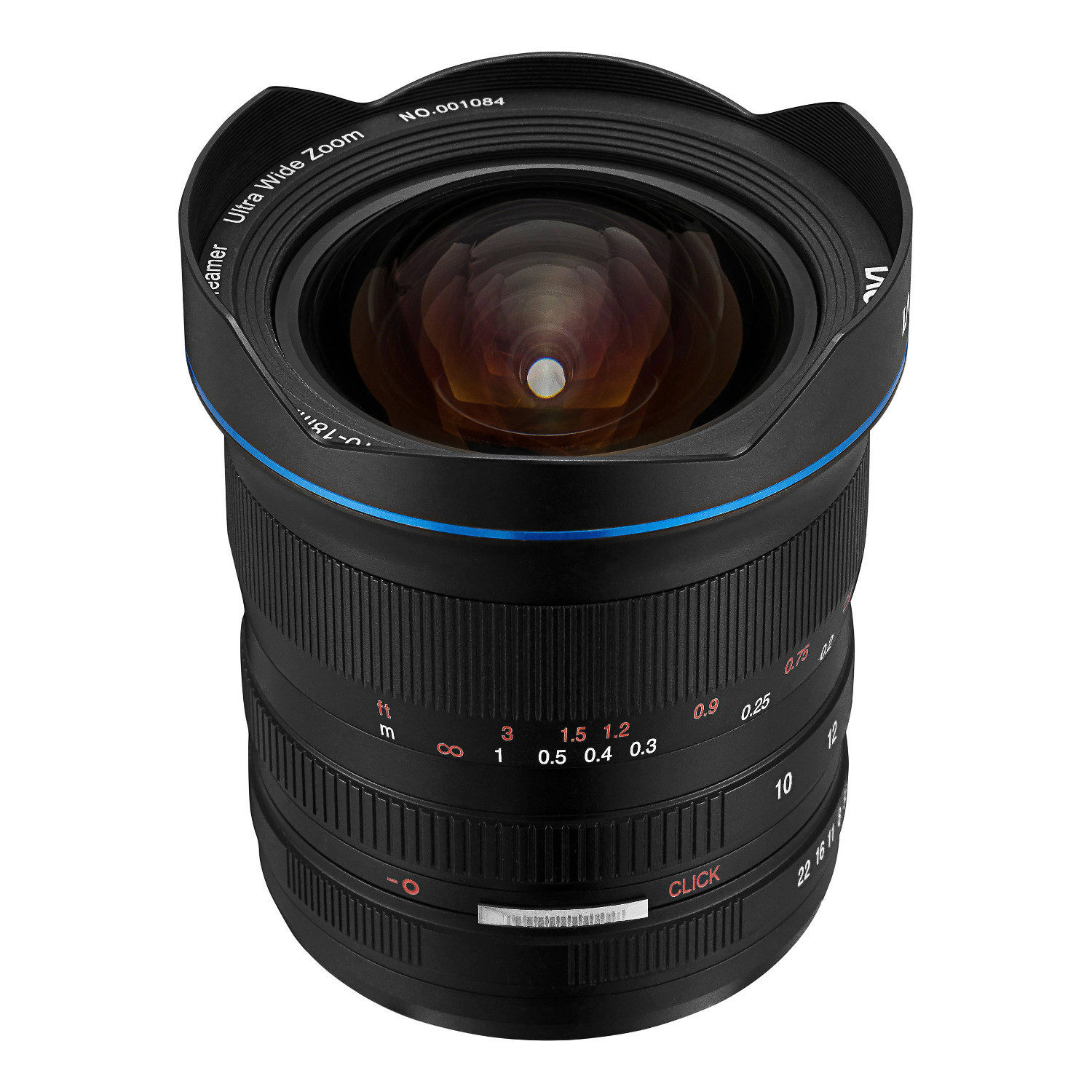 Laowa 10-18mm f/4.5-5.6 Nikon Z-mount Lente de câmera grande angular preta com detalhes azuis e anéis de ajuste com escalas numeradas