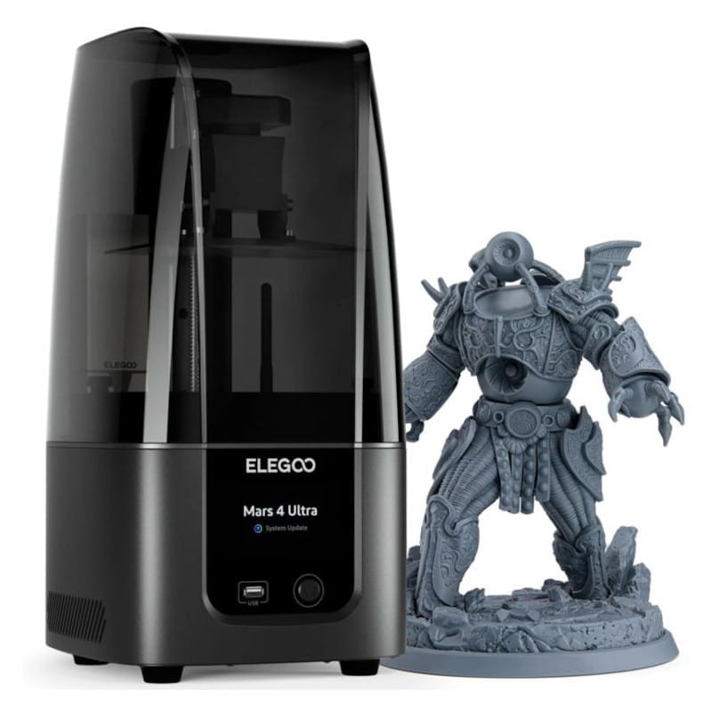 ELEGOO Mars 4 Ultra 9K Impressora 3D ELEGOO Mars 4 Ultra com figura de ação cinzenta armada