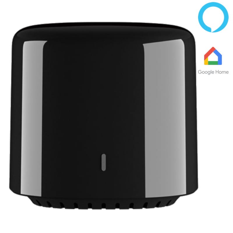 Dispositivo inteligente preto cilíndrico com luz LED e ícones Alexa e Google Home