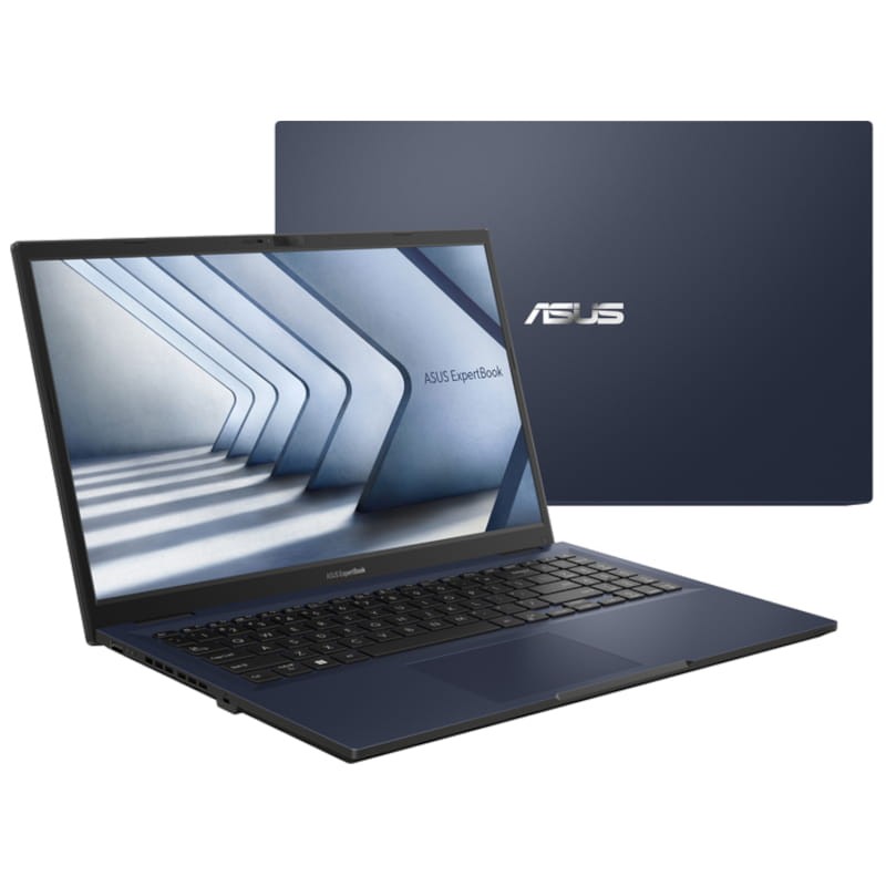 Portátil ASUS ExpertBook azul escuro com ecrã aberto e logotipo ASUS na tampa
