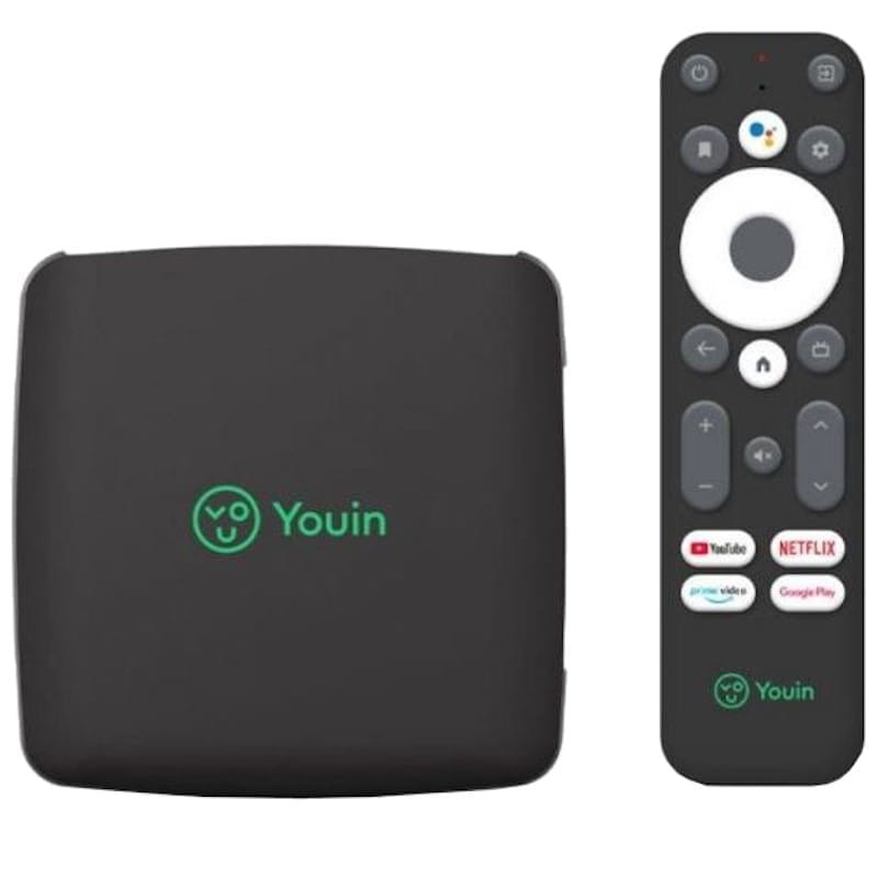 Dispositivo de streaming preto quadrado Youin com controle remoto preto ao lado