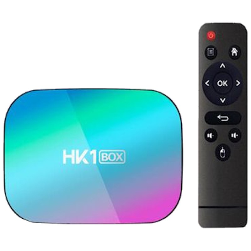 Caixa de streaming HK1 BOX azul e rosa com comando remoto preto