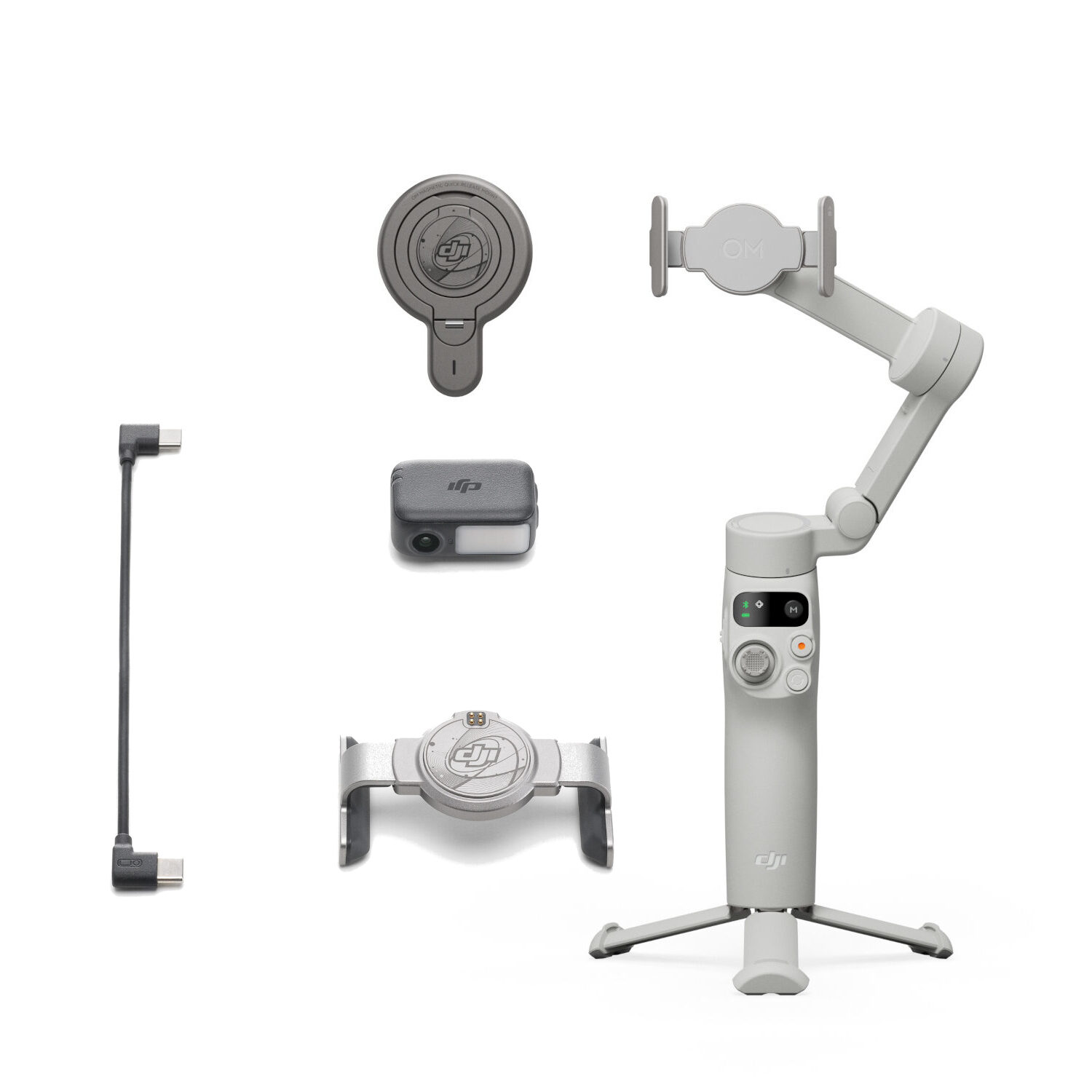 DJI Osmo Mobile 7 + Tracking Kit Conjunto de acessórios cinza claro DJI incluindo suporte articulado com base tripé e cabos USB-C