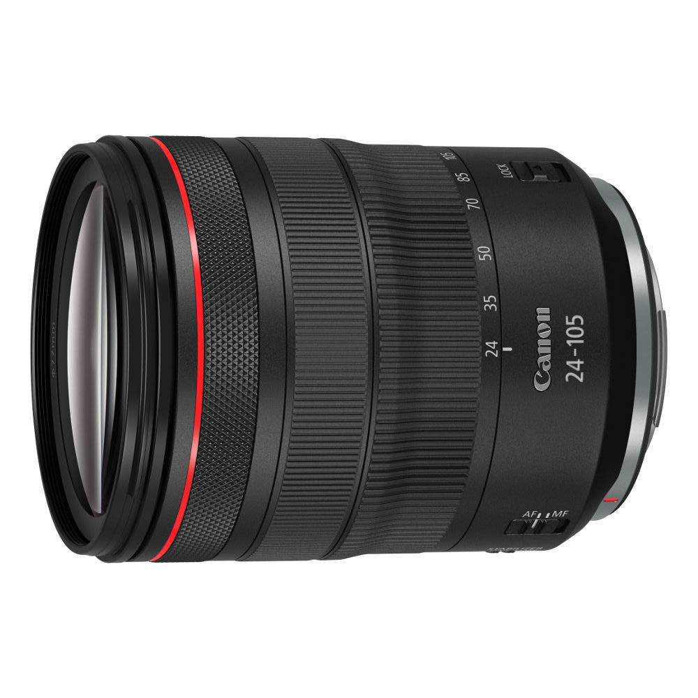 Canon RF 24-105mm f/4.0L IS USM Objetiva Canon 24-105mm preta com detalhes vermelhos e brancos