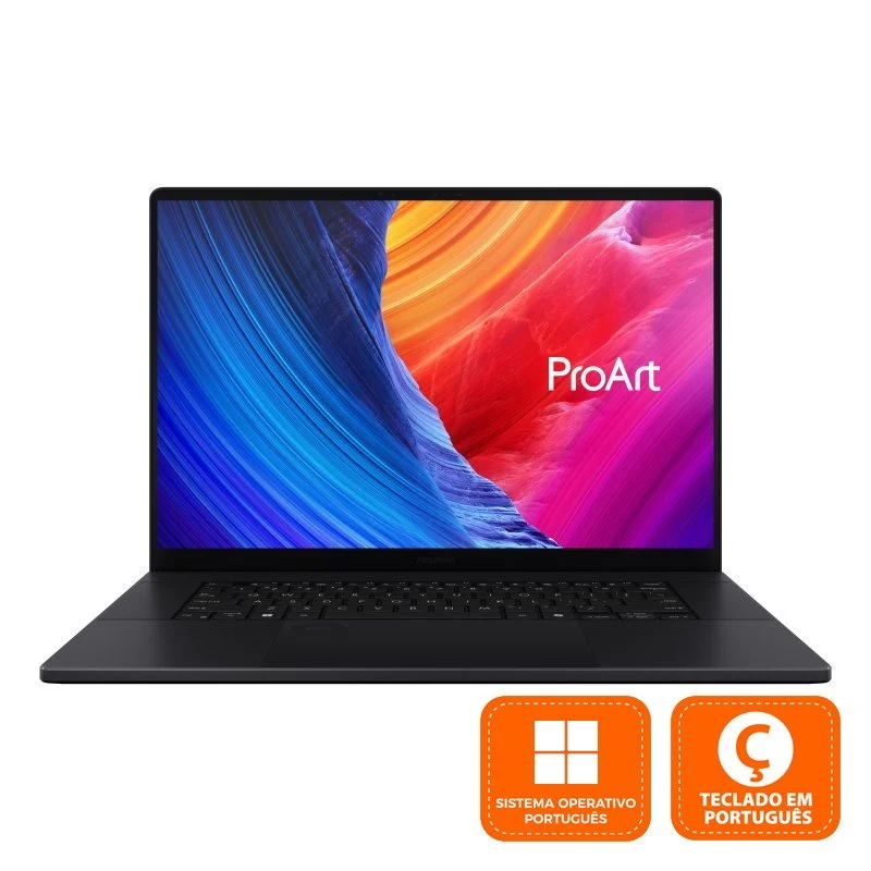 ASUS ProArt P16 OLED H7606WP-A91BO57PP2 AMD Ryzen™ AI 9 HX 370/64GB/2TB SSD/RTX5070/16" (PT) Computador portátil preto da série ProArt com ecrã colorido e texto em português