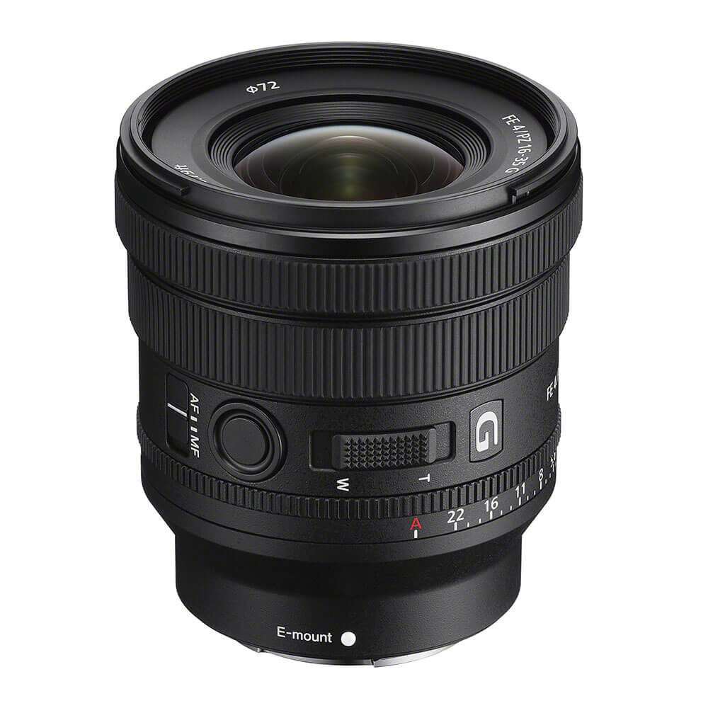 Sony FE 16-35mm f/4.0 G Objetiva fotográfica preta com marcações e botões