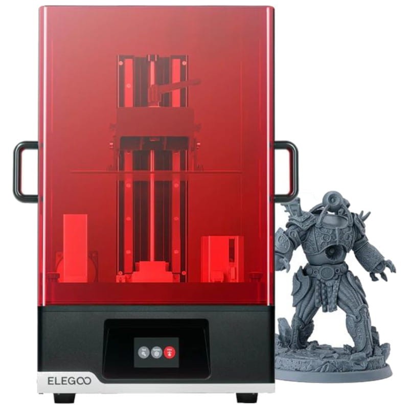 Elegoo Jupiter SE Impressora 3D ELEGOO vermelha com figura robô cinzenta