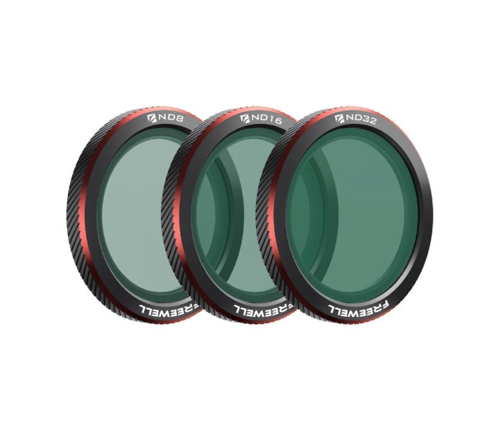 Freewell Neo 2 Magnetic ND Filters Standard Day 3-pack Filtros ND8, ND16 e ND32 para câmara fotográfica com armação preta e vermelha.