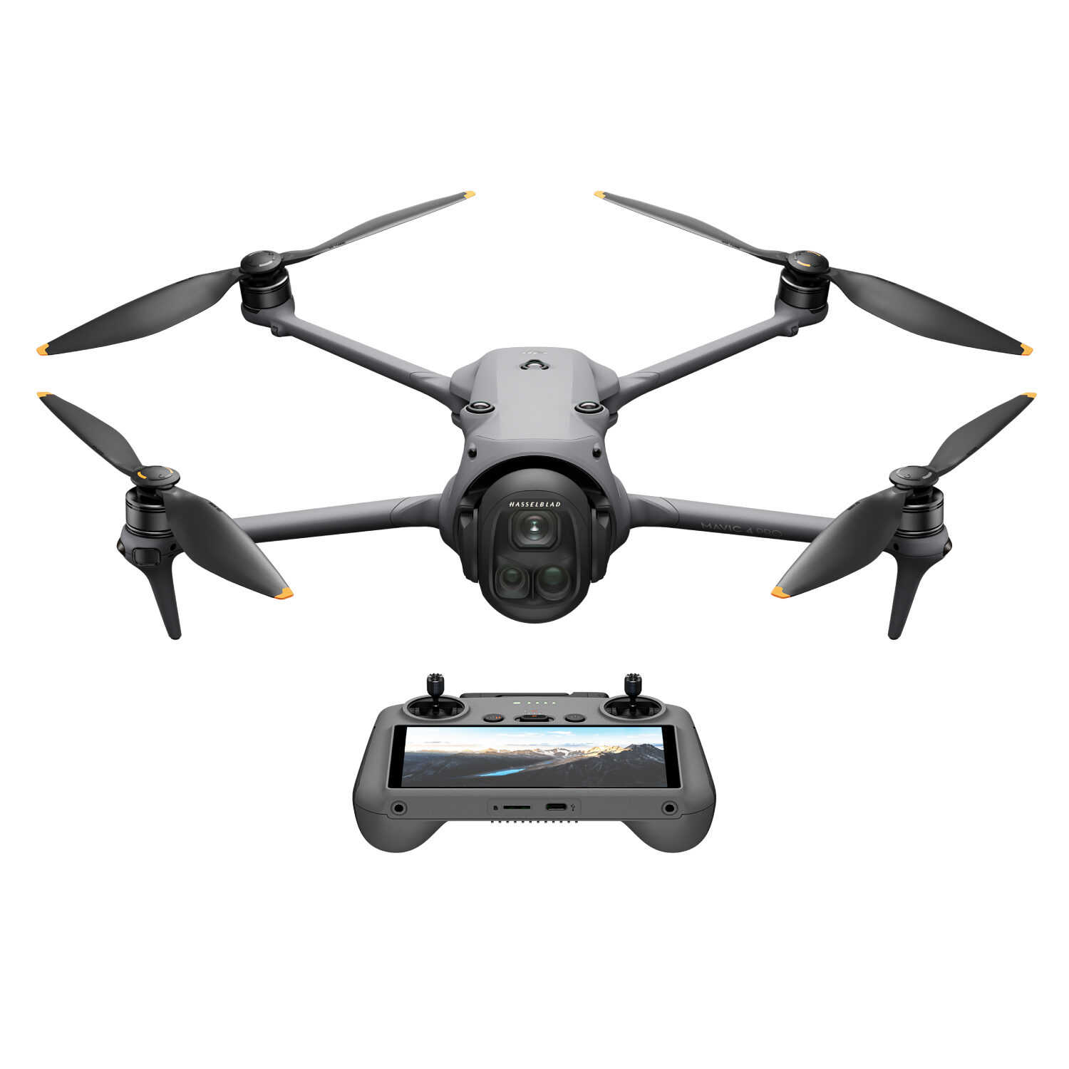 DJI Mavic 4 Pro (DJI RC 2) Drone cinzento com quatro hélices e comando remoto cinzento com ecrã