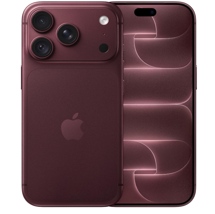 Apple iPhone 18 Pro 512 GB - bordô Smartphone Apple iPhone vermelho escuro com três câmaras e ecrã frontal com padrão luminoso.