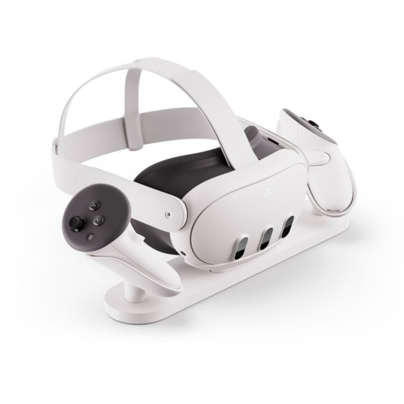 Conjunto de realidade virtual branco com óculos e controladores numa base