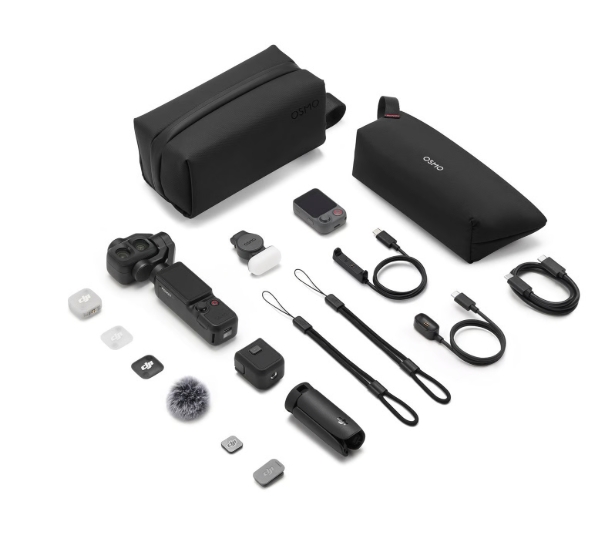 Osmo Pocket 4P Vlog Combo Kit de acessórios fotográficos com bolsas pretas e vários dispositivos e cabos