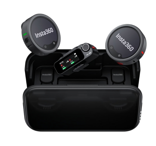 Insta360 Mic Pro (2TX + 1RX) Kit de câmara Insta360 com módulos de lente e controlo remoto num estojo preto