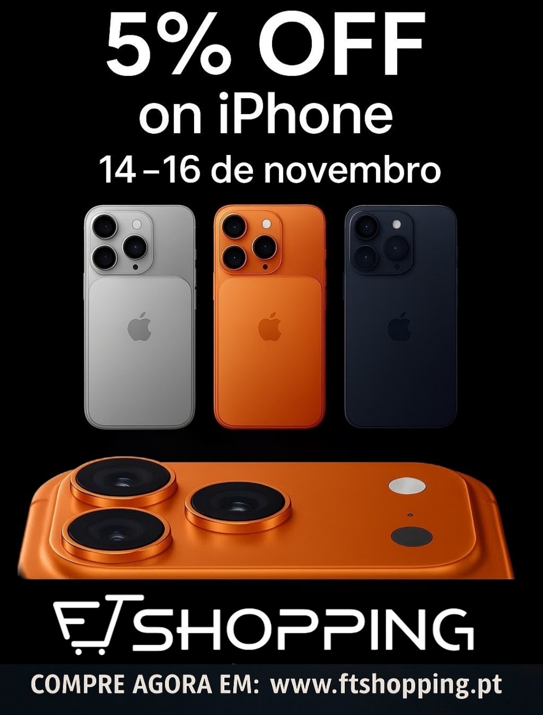 Promoção 5% OFF em iPhone com iPhones cinza, laranja e preto em fundo preto e texto promocional