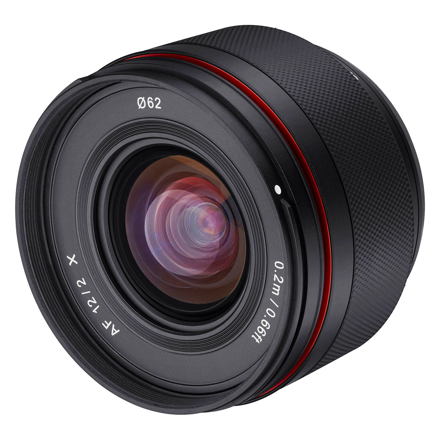 Samyang 12mm f/2.0 AF Fujifilm X-mount Objetiva fotográfica preta com lente frontal e anel vermelho