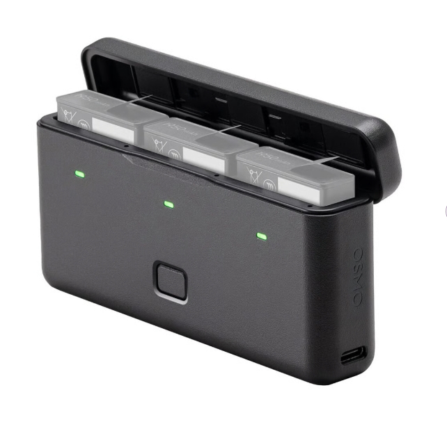 DJI Osmo Action Multifunctional Battery Case 2 Carregador portátil preto com três luzes LED verdes e baterias internas