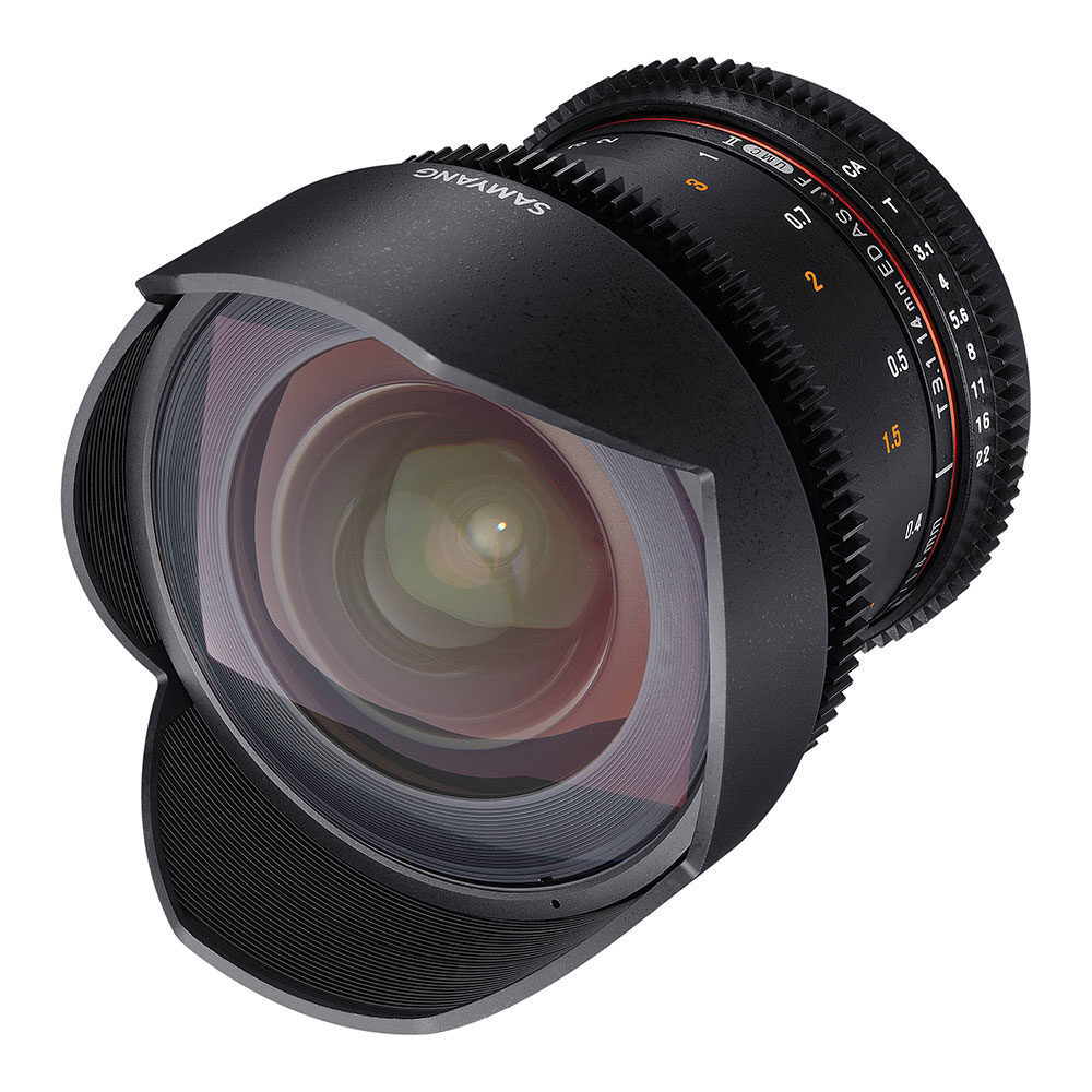 Samyang 14mm T3.1 Mark II VDSLR Sony E-mount Objetiva fotográfica preta Samyang com lente grande e anéis de ajuste numéricos