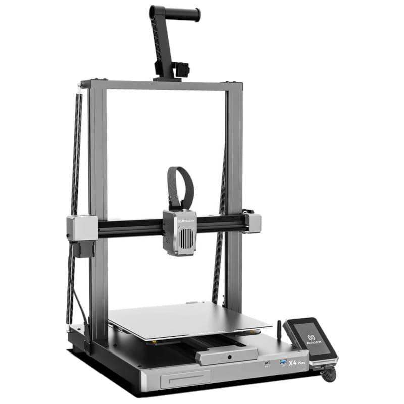 Impressora 3D metálica preta e cinza com ecrã tátil 'E4 PRO'