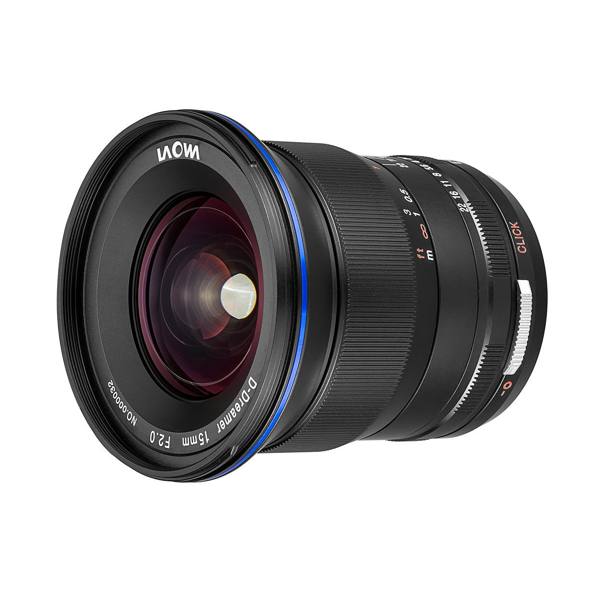 Laowa 15mm f / 2.0 Zero-D Canon RF mount lens Objetiva preta para câmara com anel azul e marcações em branco e vermelho