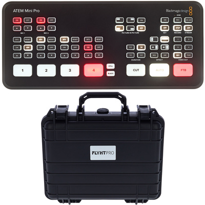 Blackmagic Design ATEM Mini Pro Bundle Painel de controlo ATEM Mini Pro preto com botões iluminados e caixa de transporte preta FLYHTPRO.