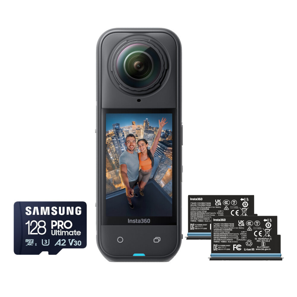 Insta360 X5 360-graden action camera Battery Bundle Câmara Insta360 preta com lente grande angular, cartão de memória Samsung 128GB e três baterias Insta360