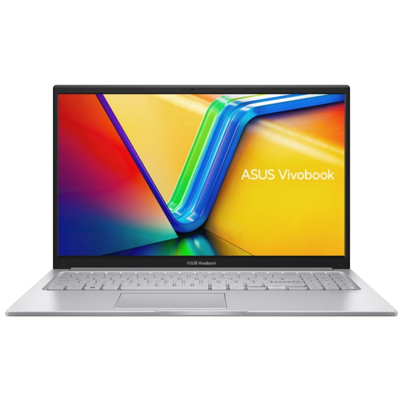 Computador portátil ASUS Vivobook com ecrã colorido e teclado prateado