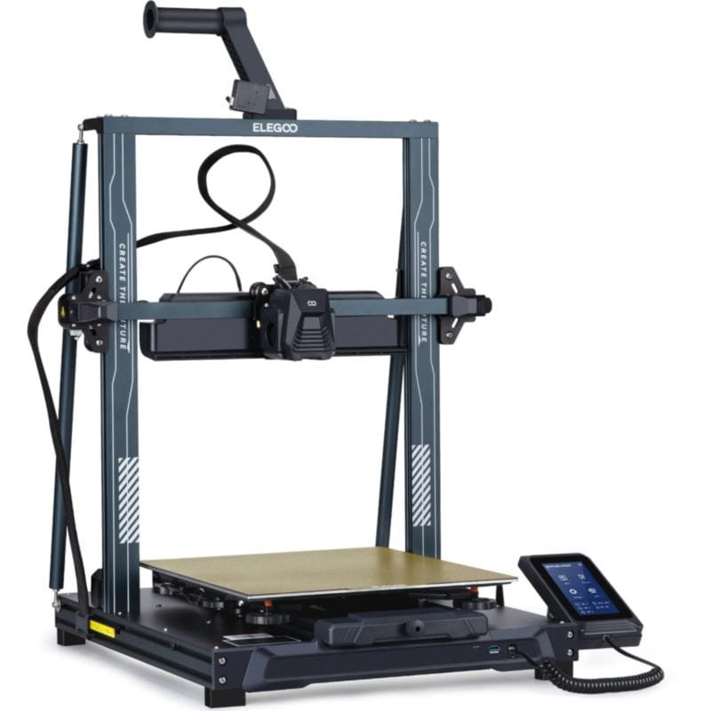 Impressora 3D Elegoo preta com ecrã tátil e mesa de impressão amarela