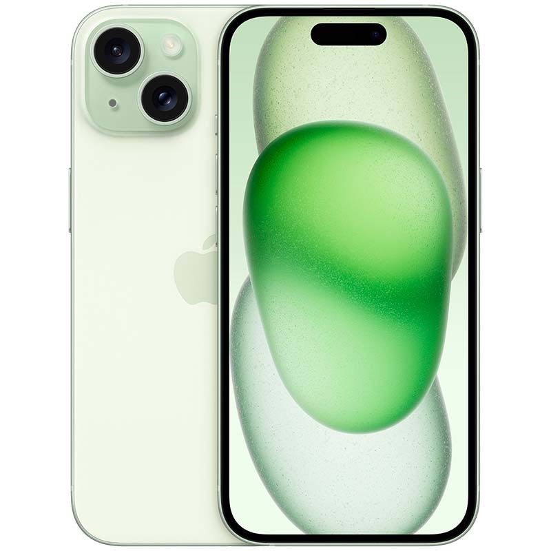 Apple iPhone 15 5G 256GB Verde Smartphone verde claro com câmara dupla visto de frente e de trás