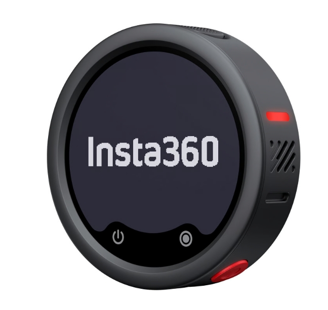 Insta360 Mic Pro Câmara Insta360 preta com ecrã digital e botões, sobre fundo branco